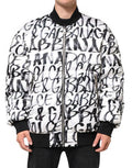 Men's White Black Graffiti Logo Puffer Bomber Jacket Polyester Clothing