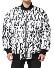 Men's White Black Graffiti Logo Puffer Bomber Jacket Polyester Clothing