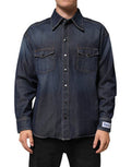 Blue Denim Button Casual Logo Patch Men Shirt Cotton