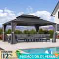 PURPLE LEAF Cenador Aluminio Jardín Terraza Techo de Acero Galvanizado Cortinas Mosquiteras Exterior Gris