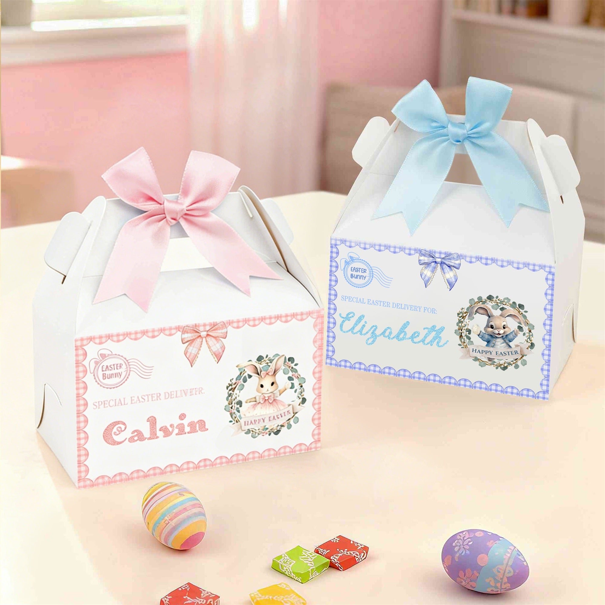 Conejito de Pascua feliz personalizado Caja de regalo con lazo con asa y nombre Fiesta de Pascua Regalo para niños