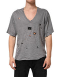Gray Cotton Tattered Logo Patch Men T-Shirt