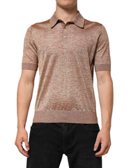 Men's Silk-Cotton Blend Textured Polo Brown Polyester