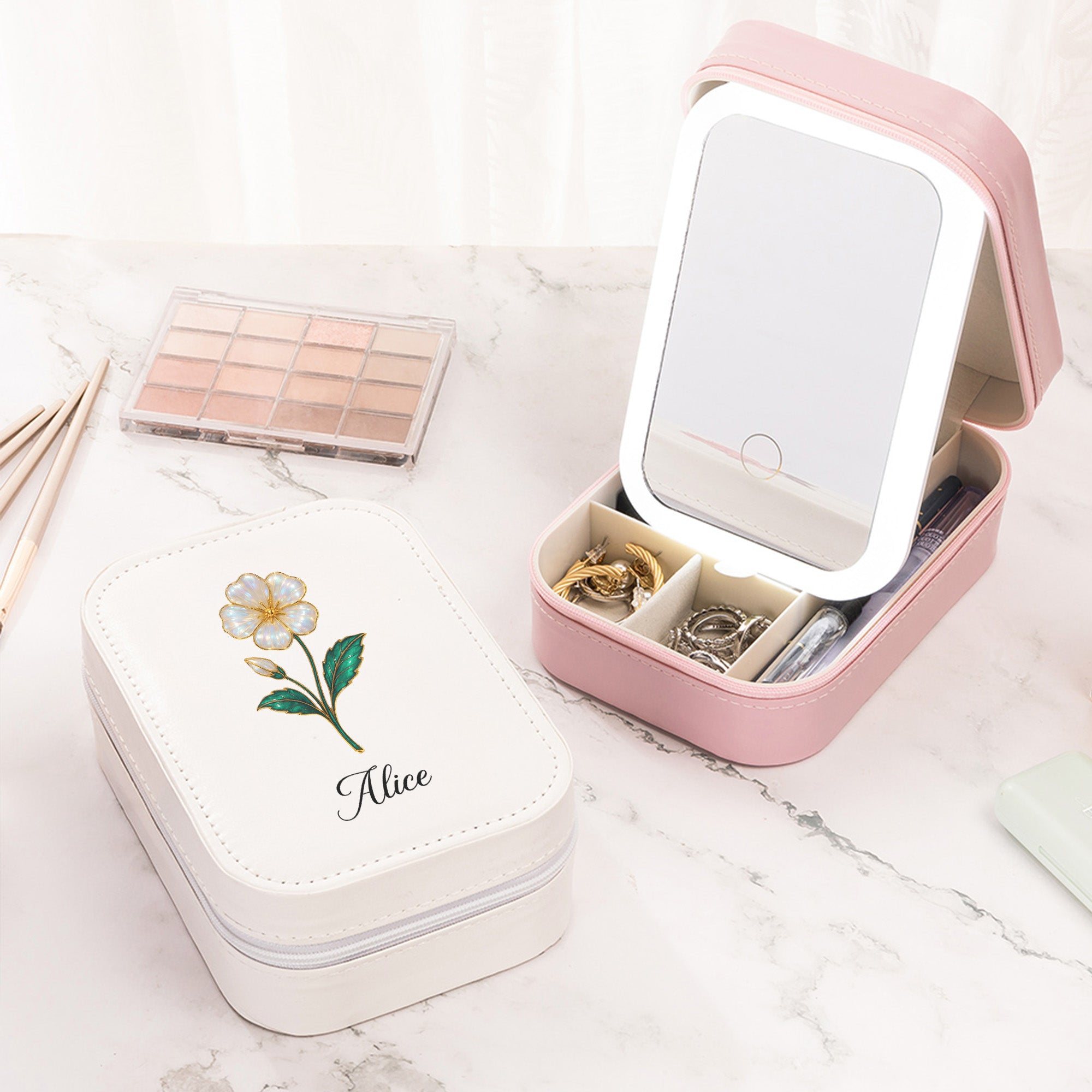 Personalizado Nacimiento Flor PU Cuero Joyero con Nombre y LED de tres colores Espejo de Maquillaje Viajes Uso Cumpleaños Regalo para Amigo Mamá