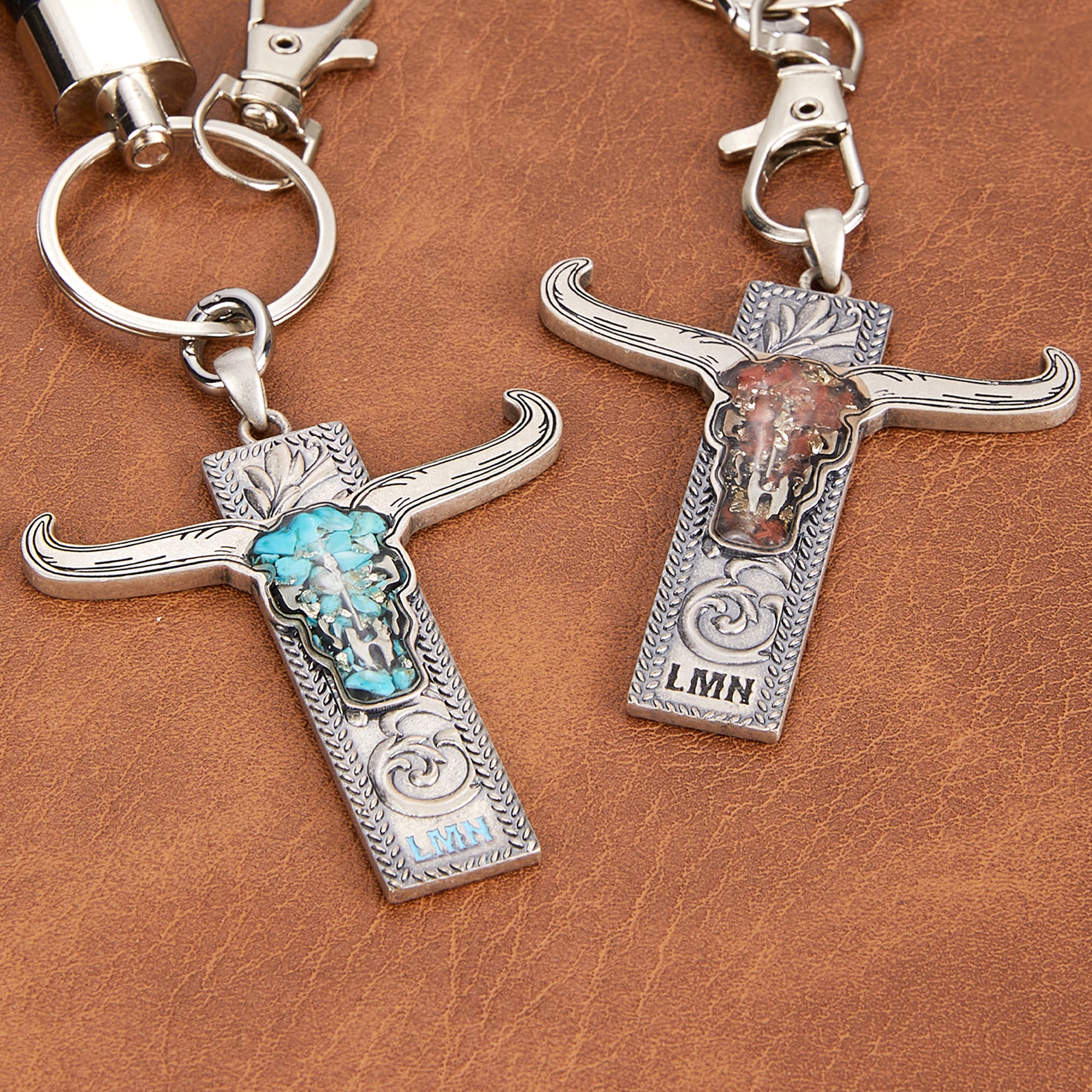 Llavero personalizado de piedra natural Longhorn Skull Western Cow con letras y cuerda trenzada Regalo de cumpleaños de festivales de música para vaquero