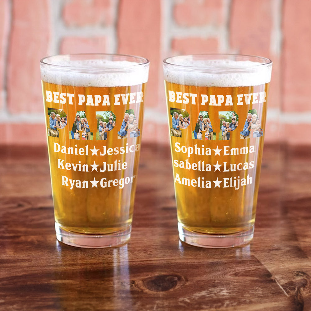 Vaso de Cerveza Personalizado Best Dad Ever 16 oz con Fotos Nombres Día del Padre Cumpleaños Agradecimiento Regalo para Papá Abuelo Amantes del Licor