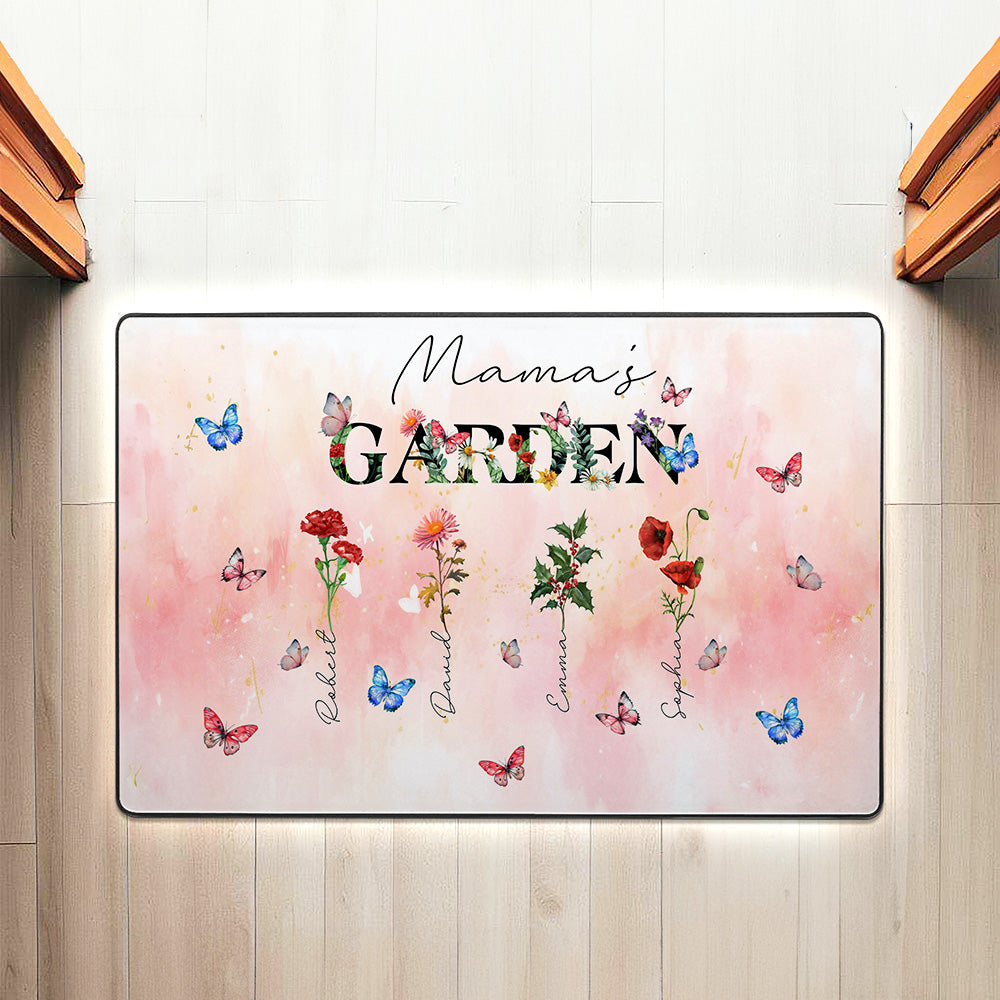 Alfombra de puerta personalizada Mamá's Garden 1-8 Flores de nacimiento Nombres de mariposas Decoración del hogar Día de la madre Regalo de cumpleaños para mamá Abuela