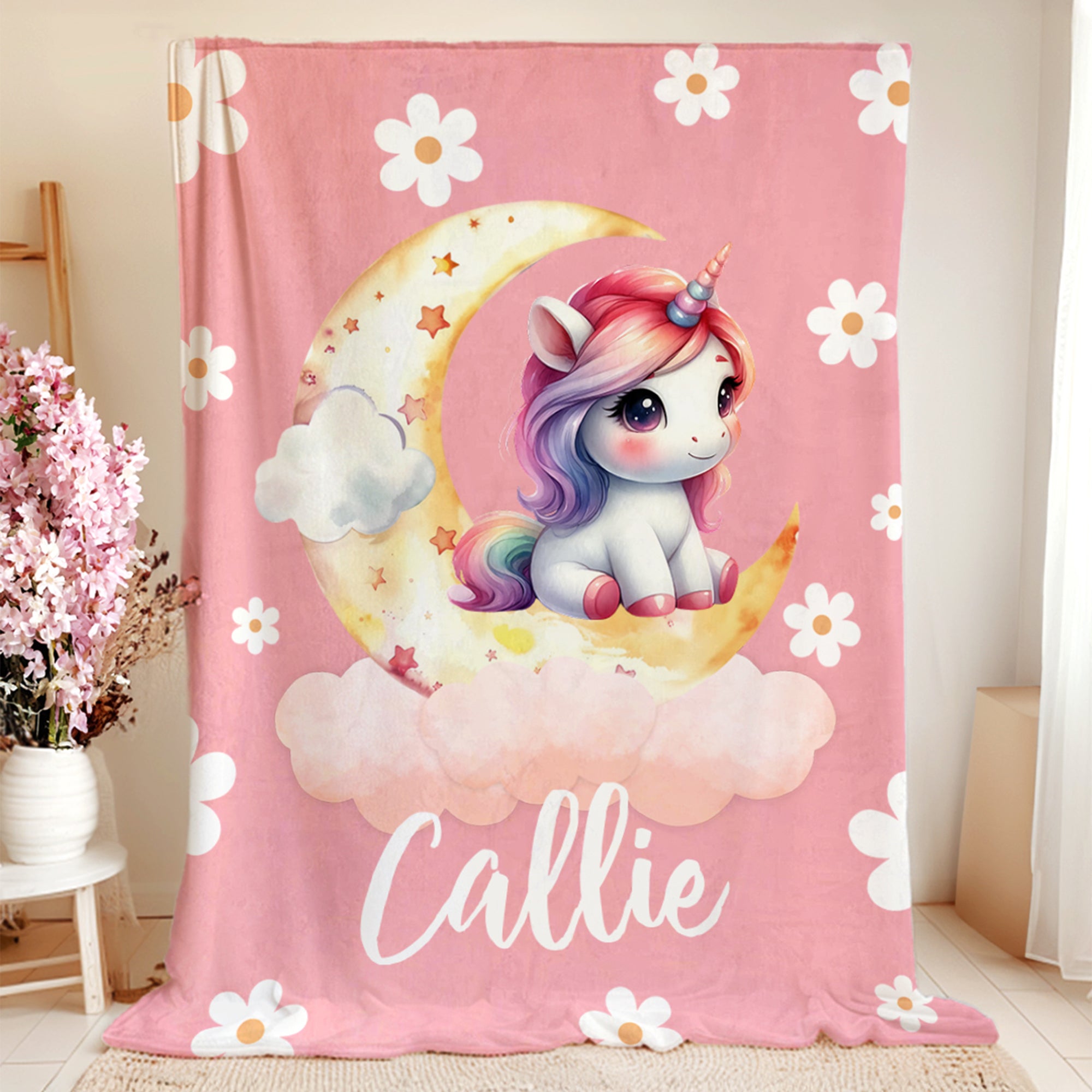 Personalizada Fantasía Unicornio Luna de ensueño Suave manta con nombre Decoración del hogar Cumpleaños Baby Shower Regalo para niñas