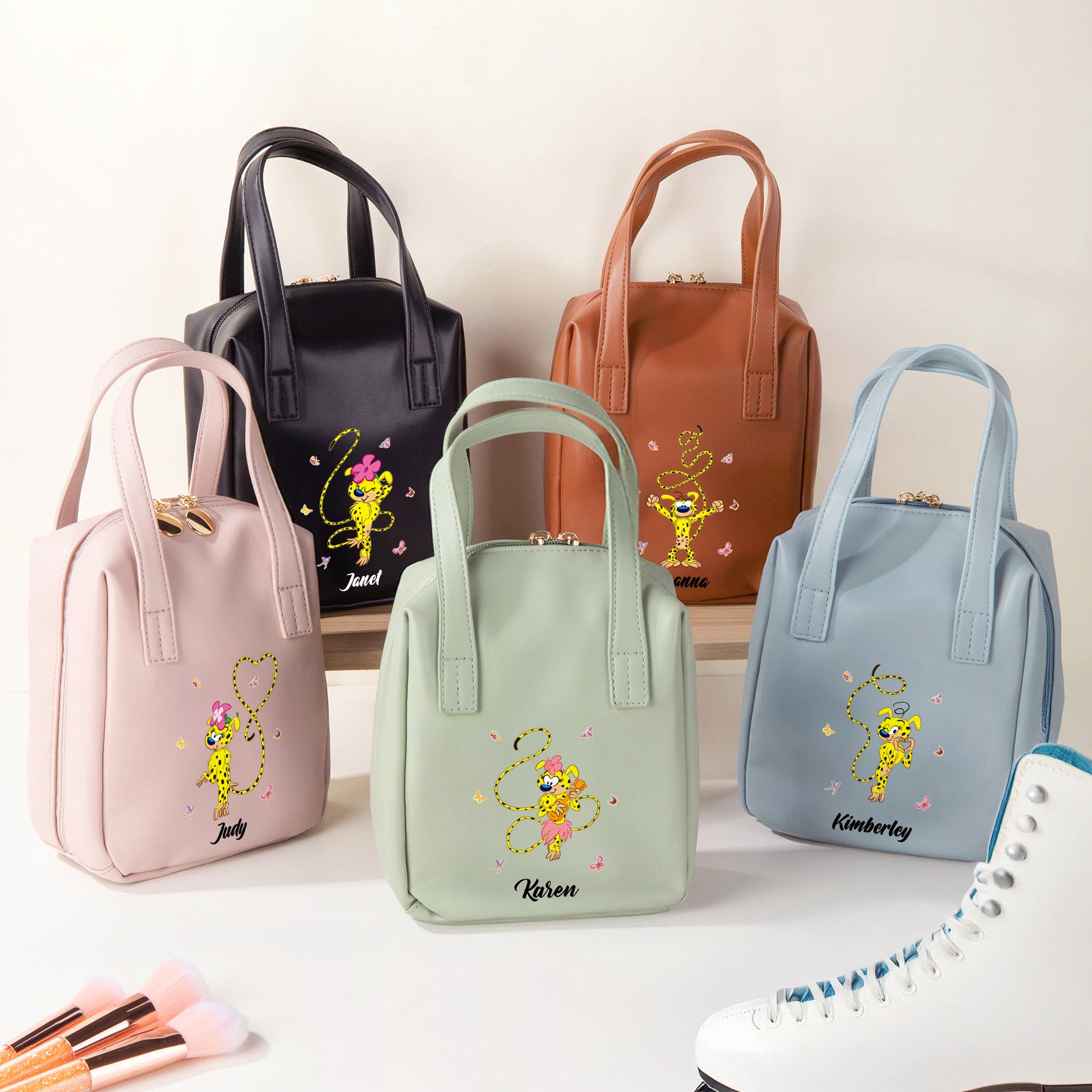 Marsupilami Personalizado Leopardo de Cola Larga Bolsa de Viaje Cosmética de Piel de PU Regalo de Cumpleaños para Amigas | Callie × Marsupilami