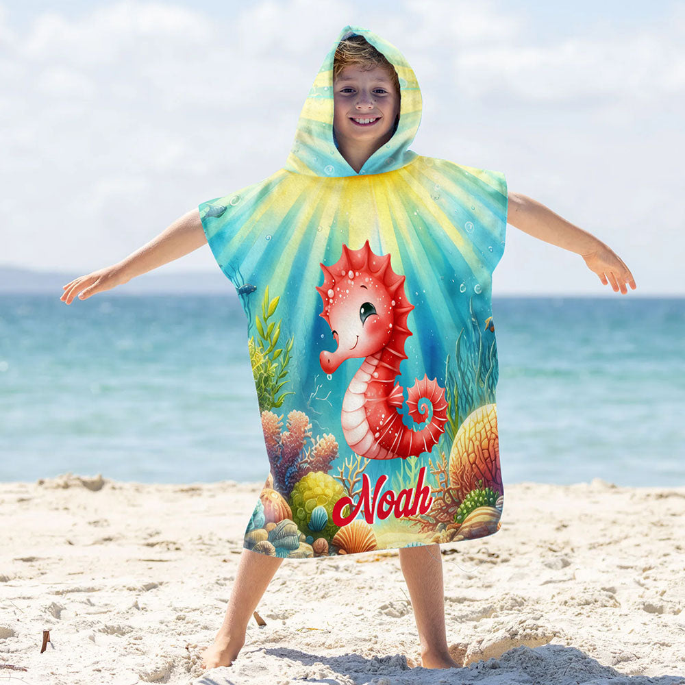Toalla de playa personalizada con capucha y nombre Sea Animal Underwater World Super Absorbent Summer Vacation Birthday Gift for Boys Girls