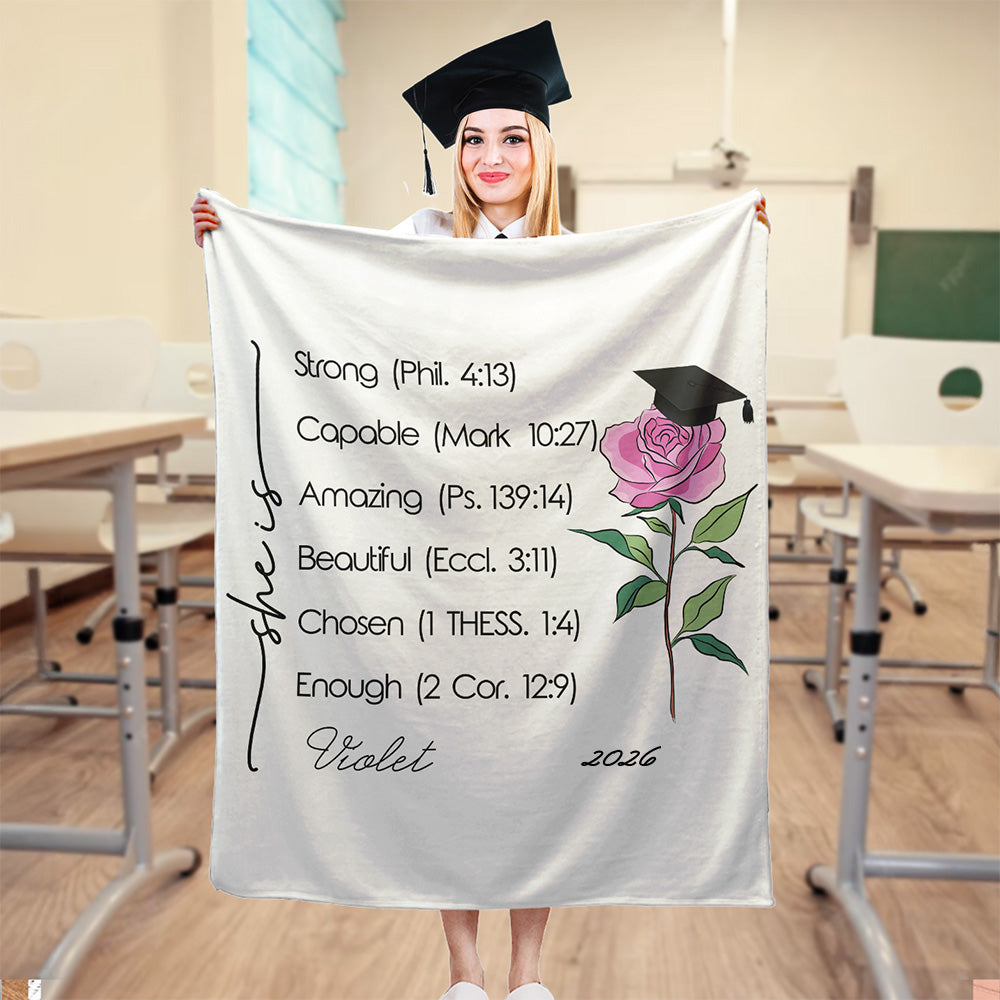 Gorro de Graduación Personalizado Flor de Nacimiento Versículo de la Biblia Manta Suave con Nombre y Año Día Religioso Cumpleaños Regalo de Graduación para Graduados