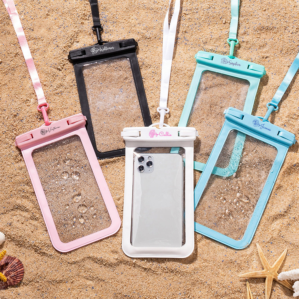 Funda transparente impermeable para teléfono con nombre y cordón personalizada en línea estilo flor de nacimiento Cumpleaños Vacaciones de verano Regalo para la familia Amante de los deportes acuático