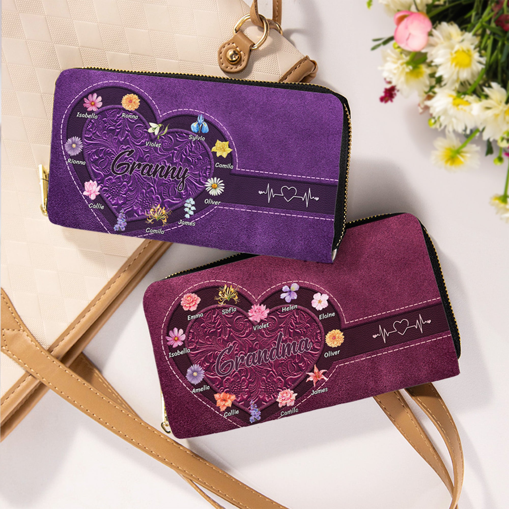 Personalizada Retro Patrón Nacimiento Flor Impermeable PU Cuero Mujeres Cartera con 1-12 Nombres y Cremallera Cumpleaños Día de la Madre Regalo para Mamá Abuela