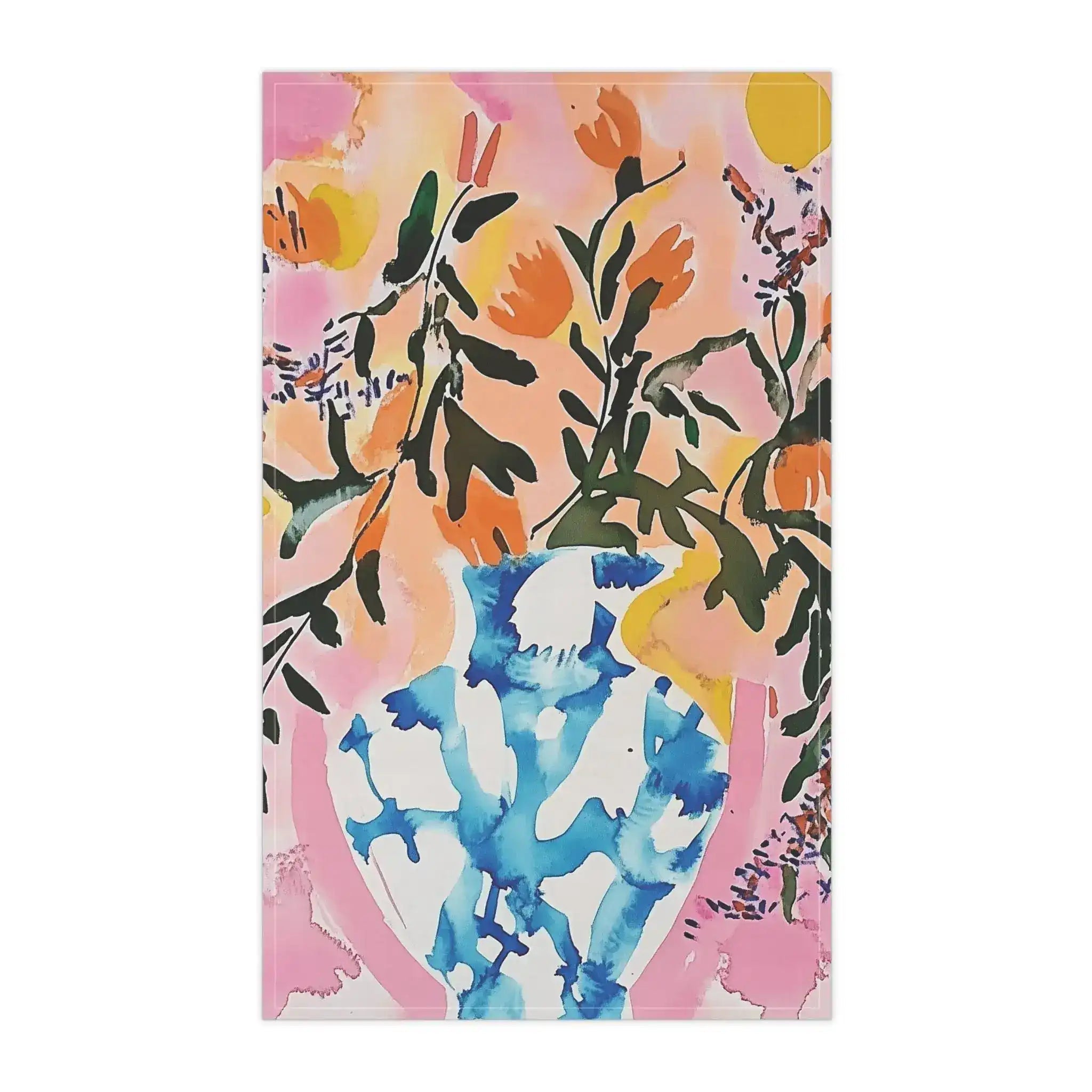 Bright Floral Arrangement in Blue Vase Kitchen Towel