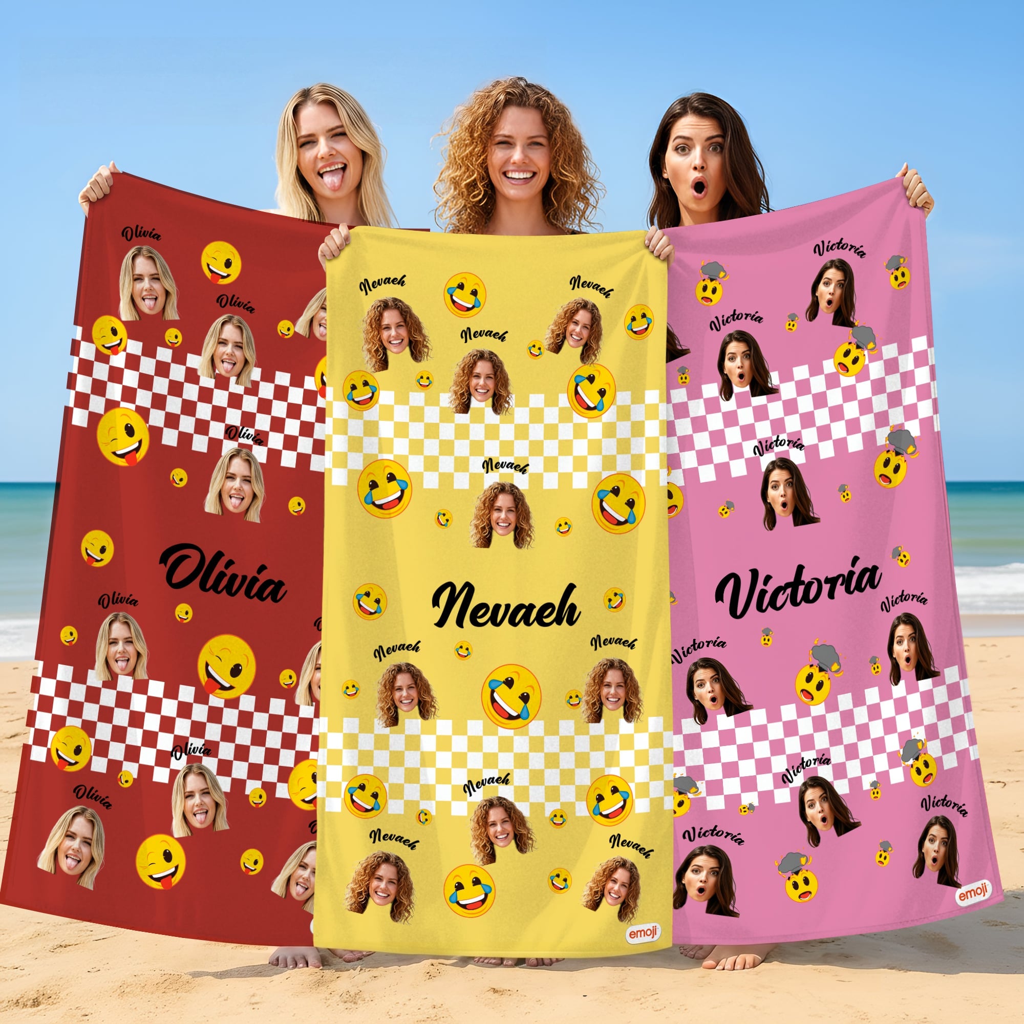Personalizado Multicolor emoji Funny Face Foto de secado rápido Toalla de playa con nombre Vacaciones Piscina Fiesta Regalo para Familia Amigos | Callie × emoji ™.