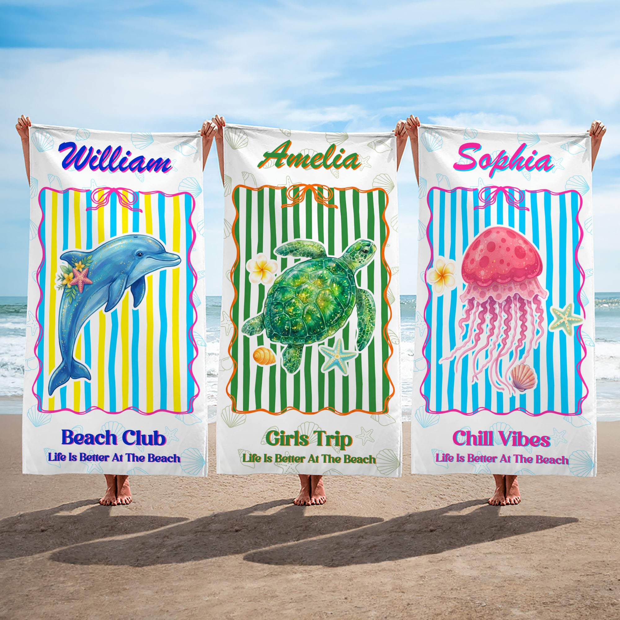 Toalla de playa personalizada de acuarela con animales del océano de gran tamaño y secado rápido con nombre y texto Accesorio de vacaciones de verano Regalo de cumpleaños para niños Amigos Mujeres