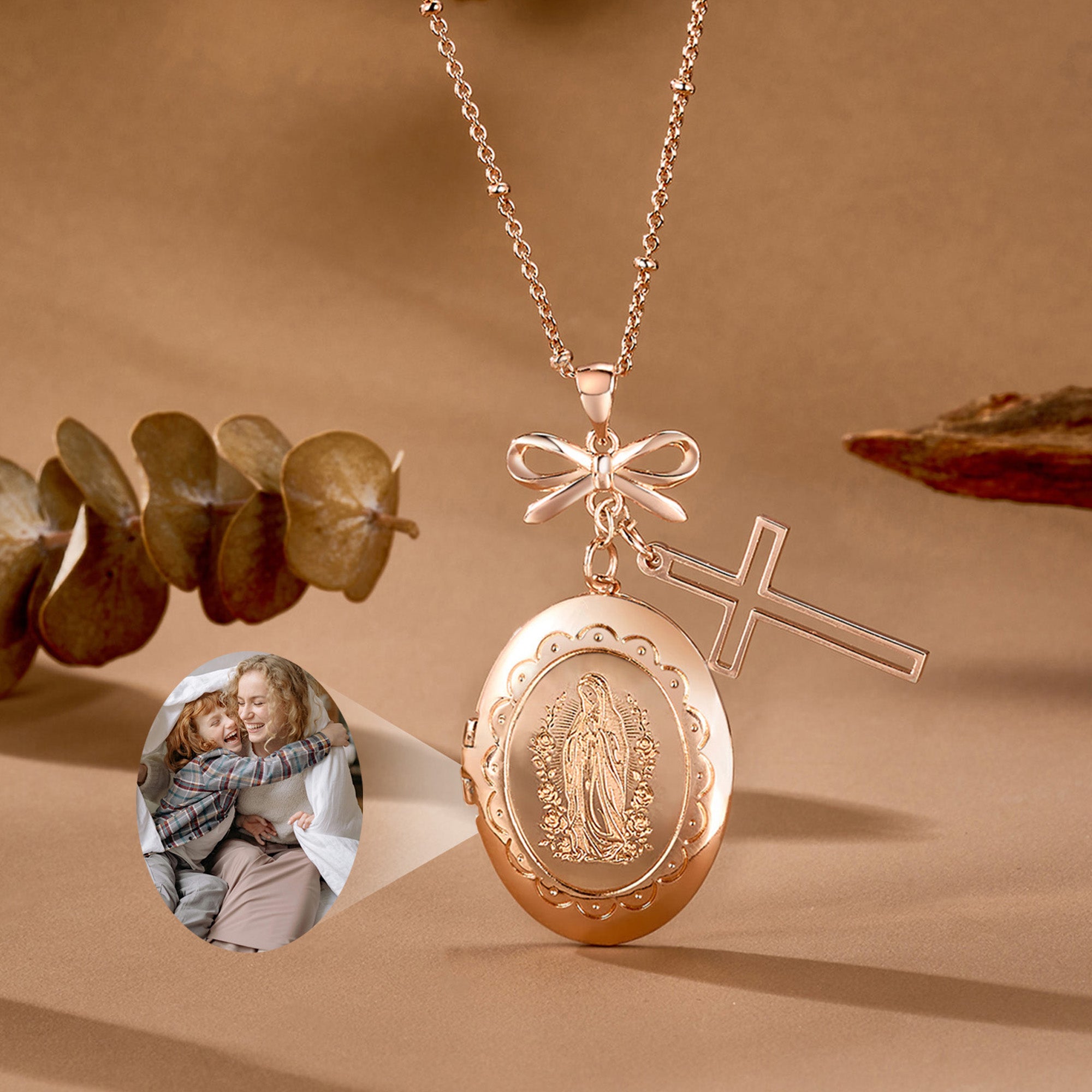 Personalizada Virgen María Foto Cruz Relicario Collar con Lazo Exquisita Joyería Bautizo Cumpleaños Regalo para Mujeres Cristianas
