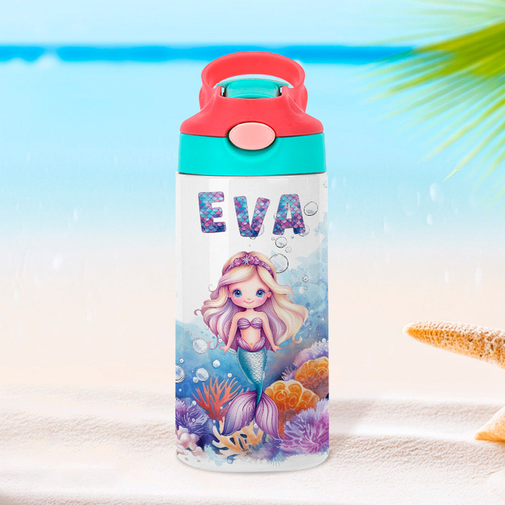 Botella de agua isotérmica personalizada Fantasy Mermaid de 12 oz con nombre y tapa antiderrame Regalo de cumpleaños de vuelta al cole para niñas