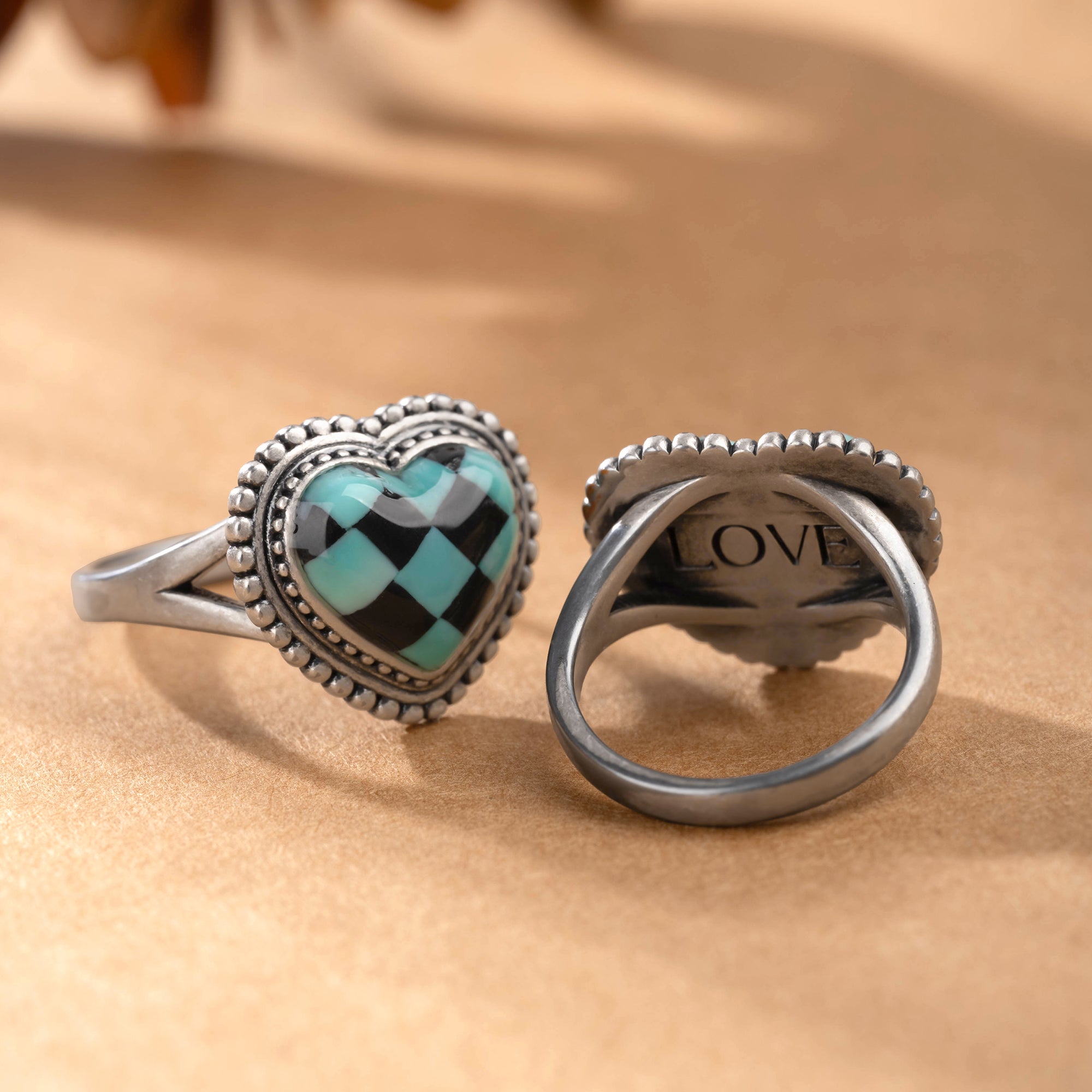 Personalizado estilo occidental a cuadros Turquesa Inspiración Anillo en forma de corazón con nombre grabado Navidad Cumpleaños Aniversario de regalo para la mujer