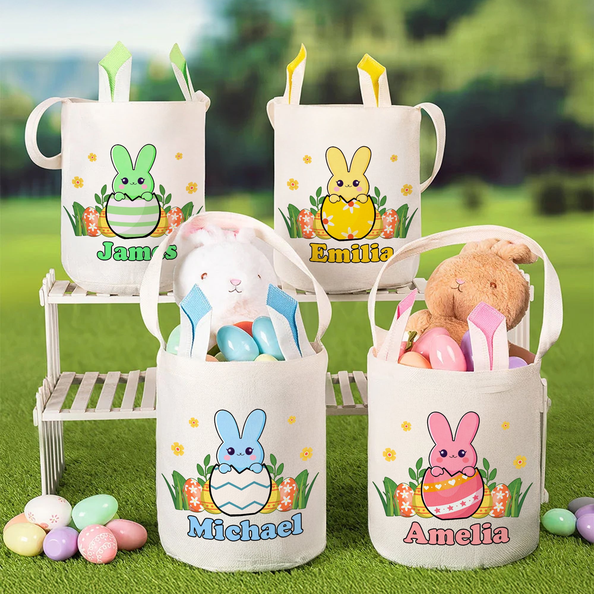 Conejito de Pascua personalizado con nombre Orejas de conejo Cesta de Pascua Huevos de caza Fiesta de Regalos para Niños Niñas