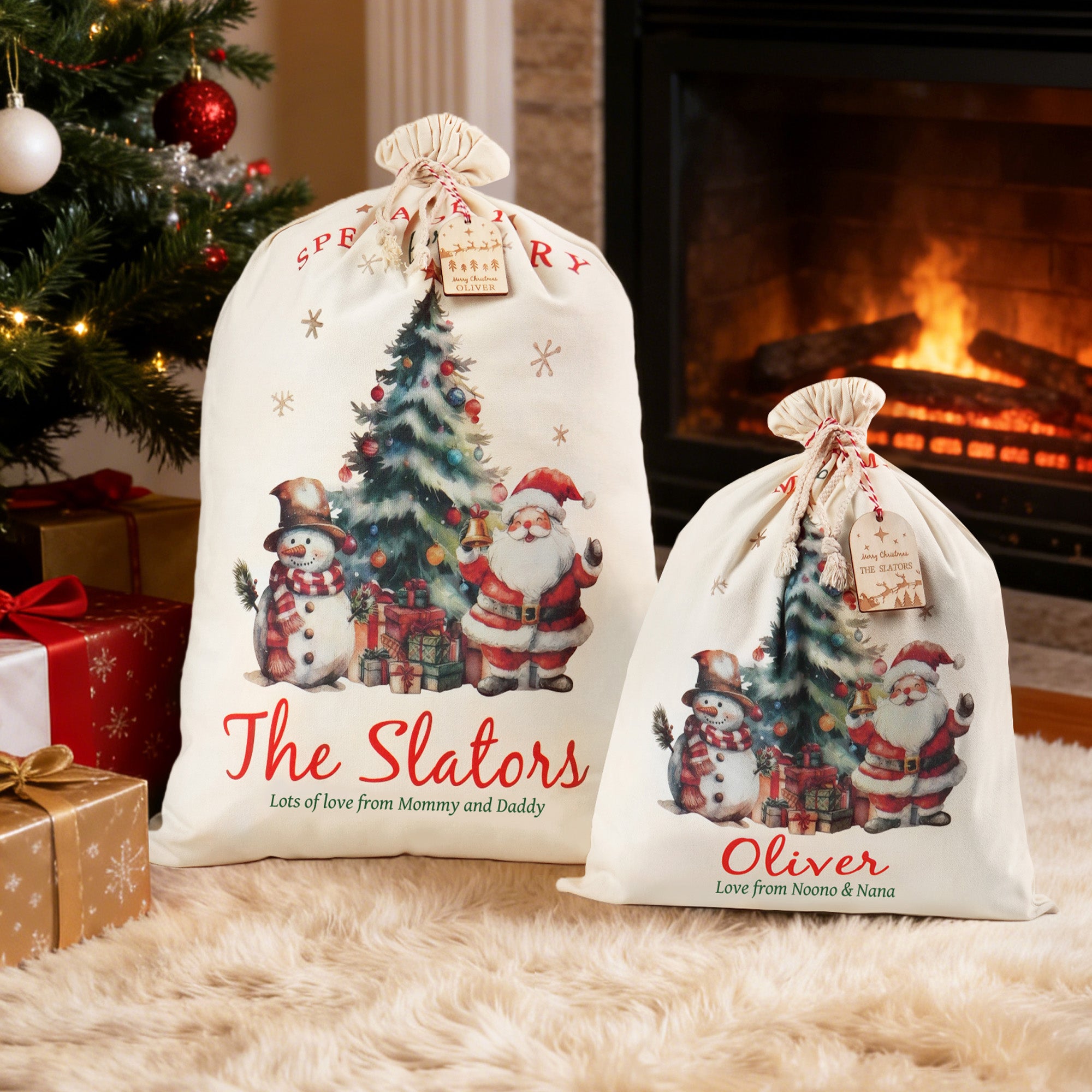 Árbol de Navidad de Papá Noel muñeco de nieve personalizado Bolsa de regalo de cordón con nombre y etiqueta de madera Regalo de Navidad para niños