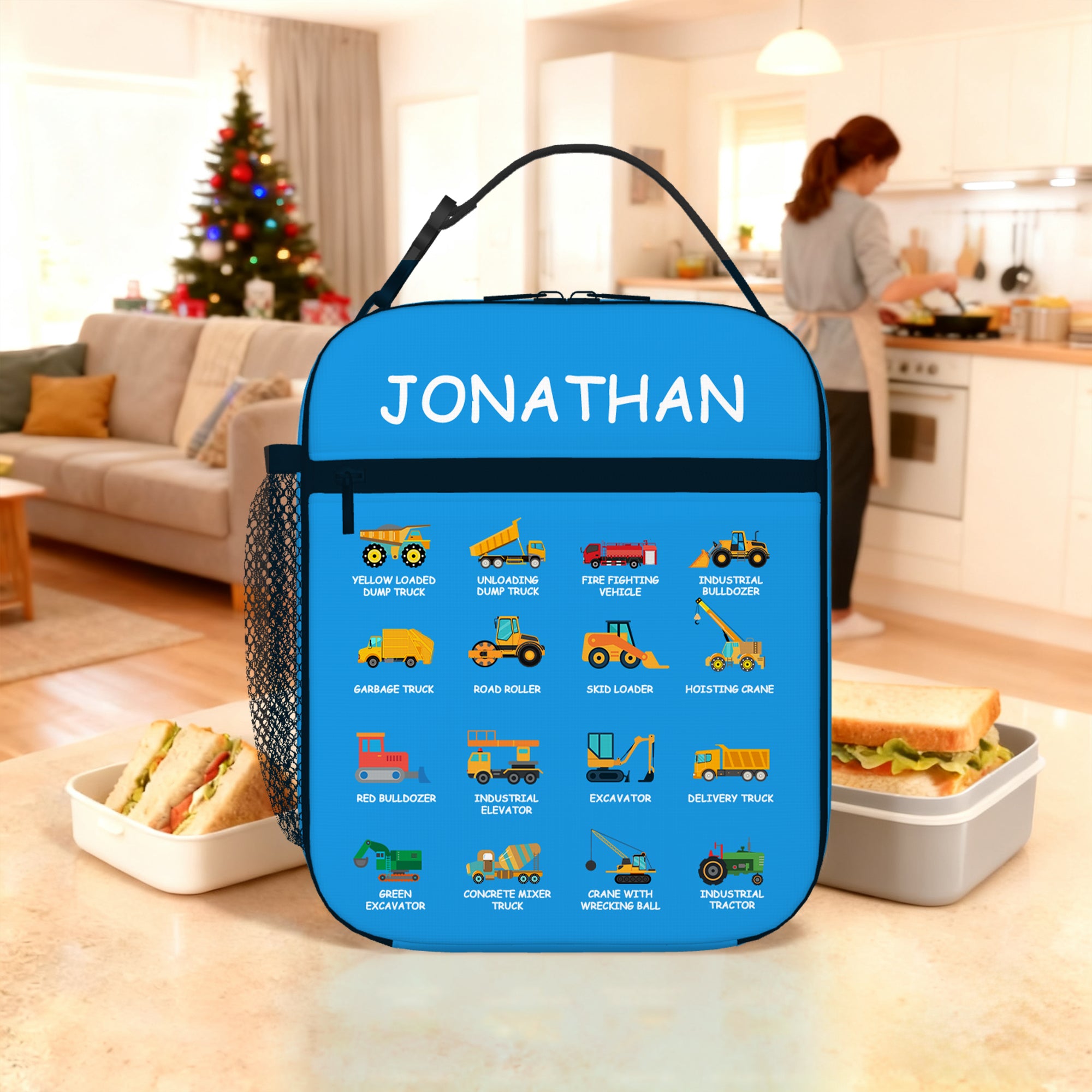 Bolsa de almuerzo aislante personalizada con nombre para camión de construcción Excavadora Bulldozer Picnic portátil Regalo de vuelta al cole para chicos amantes de los camiones