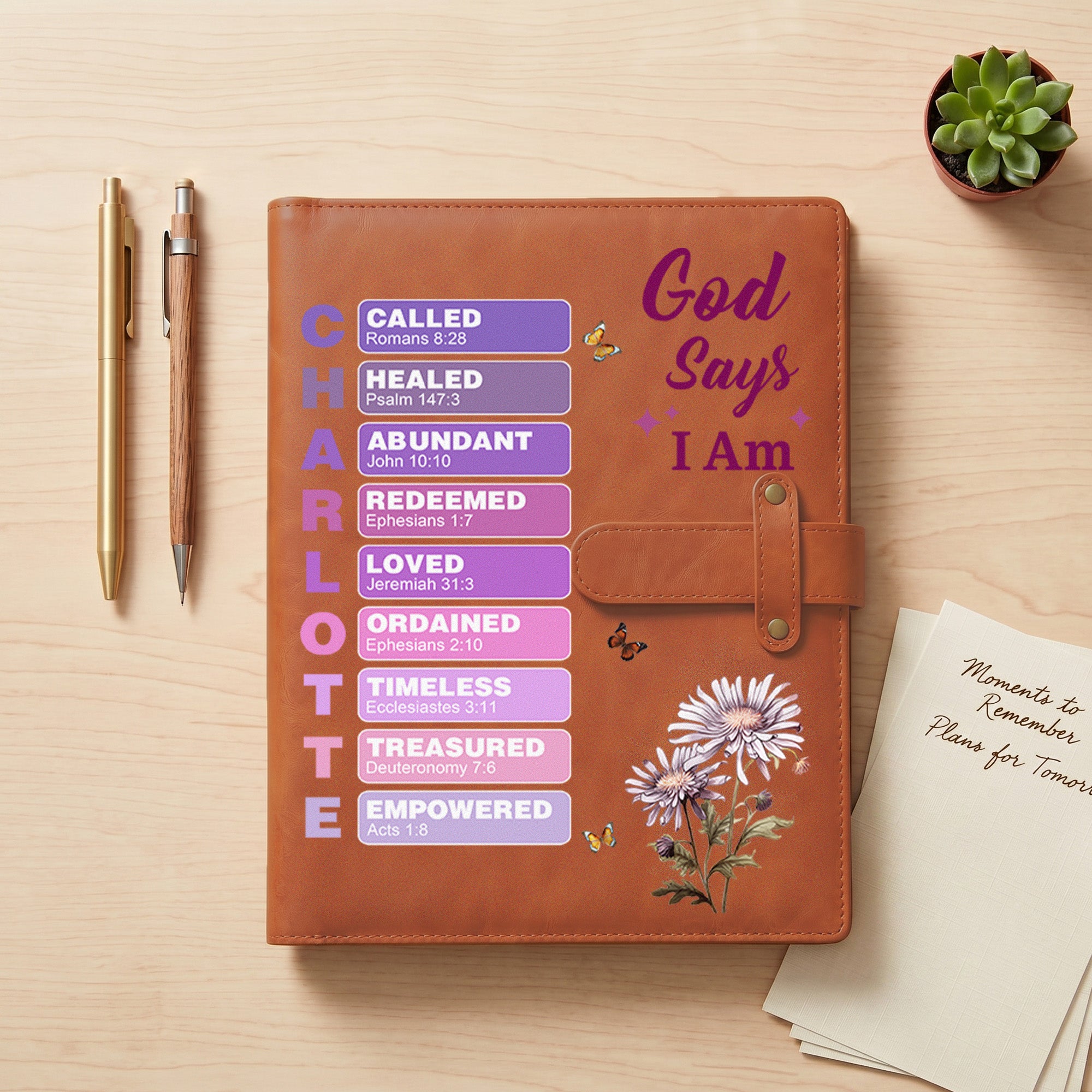 Personalizado Dios dice que soy el nacimiento de la flor de la mariposa de cuero PU A5 cubierta del cuaderno con el nombre de uso diario de viaje de cumpleaños de regalo para las mujeres cristianas