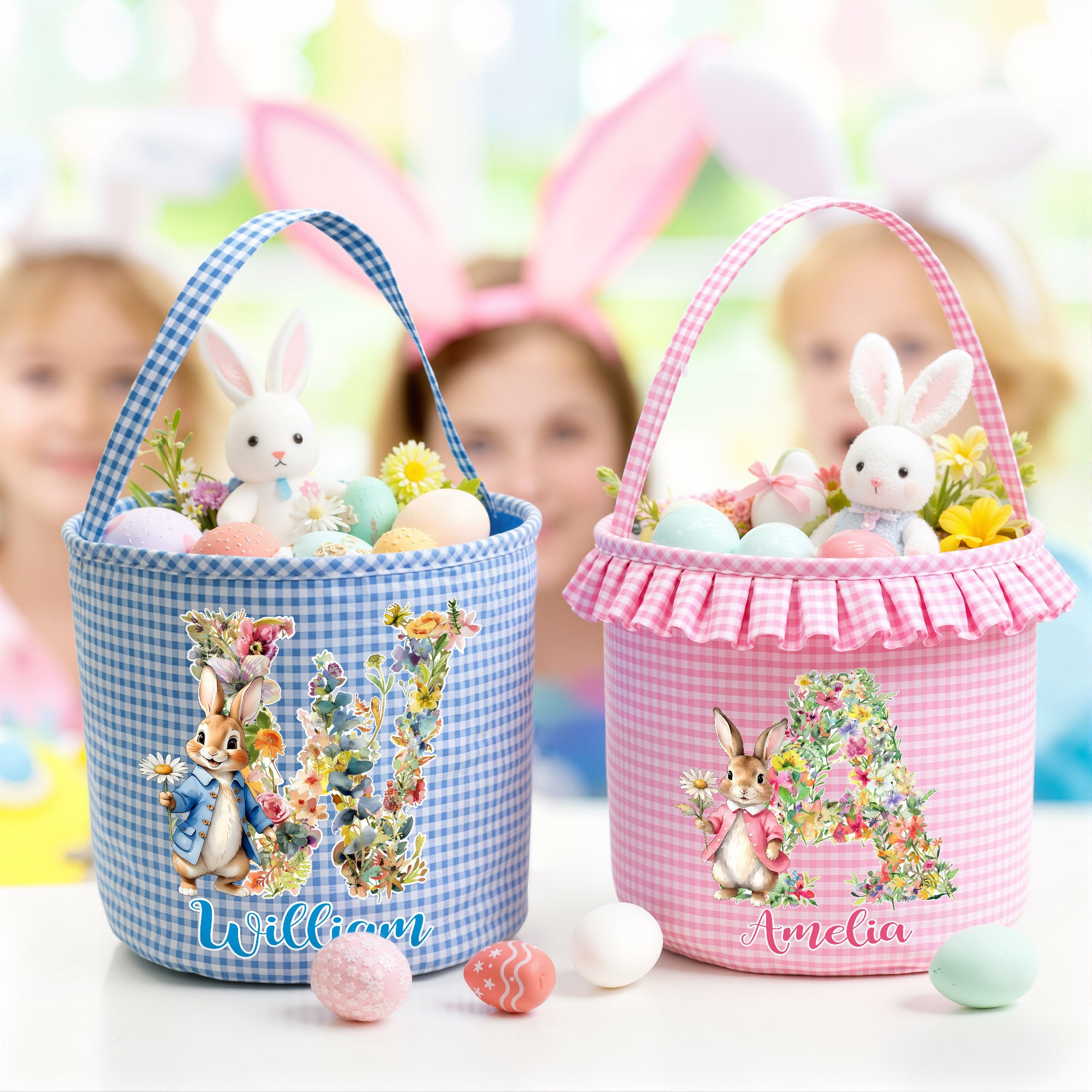 Cesta de Pascua de Peter Rabbit personalizada con nombre e inicial Huevos de Pascua de caza Regalo de fiesta para niños Niñas