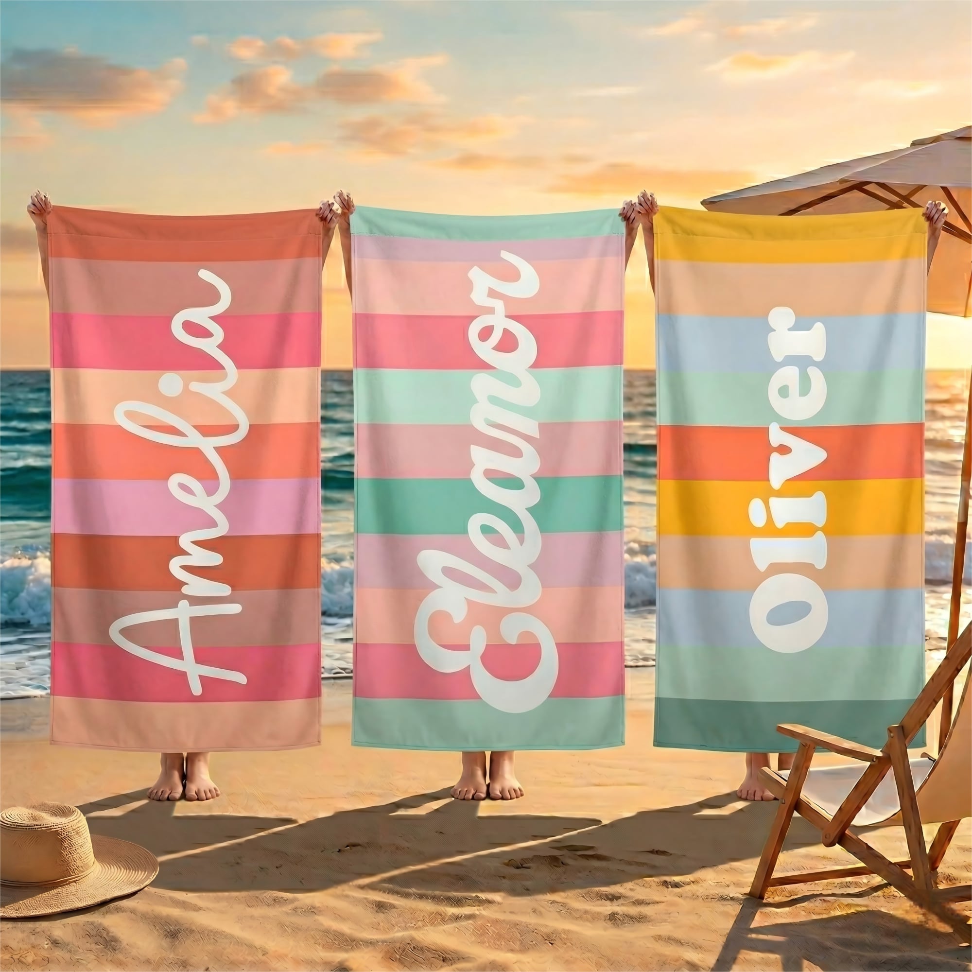 Toalla de playa personalizada de rayas coloridas de secado rápido con nombre esencial para viajes regalo de verano para familiares y amigos