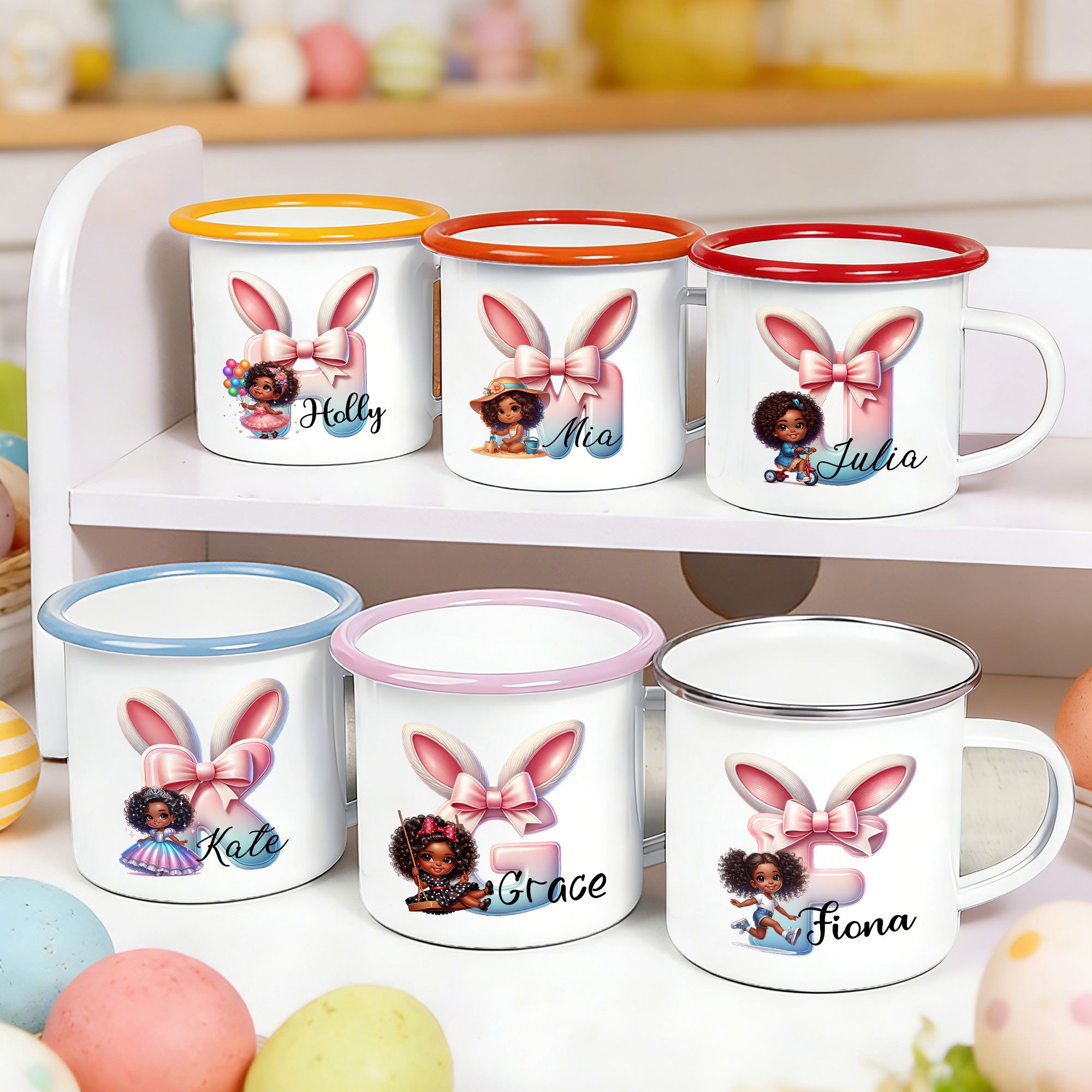 Taza esmaltada personalizada de 12 oz con nombre de conejita negra con orejas y lazo regalo de Pascua para niños niñas negras