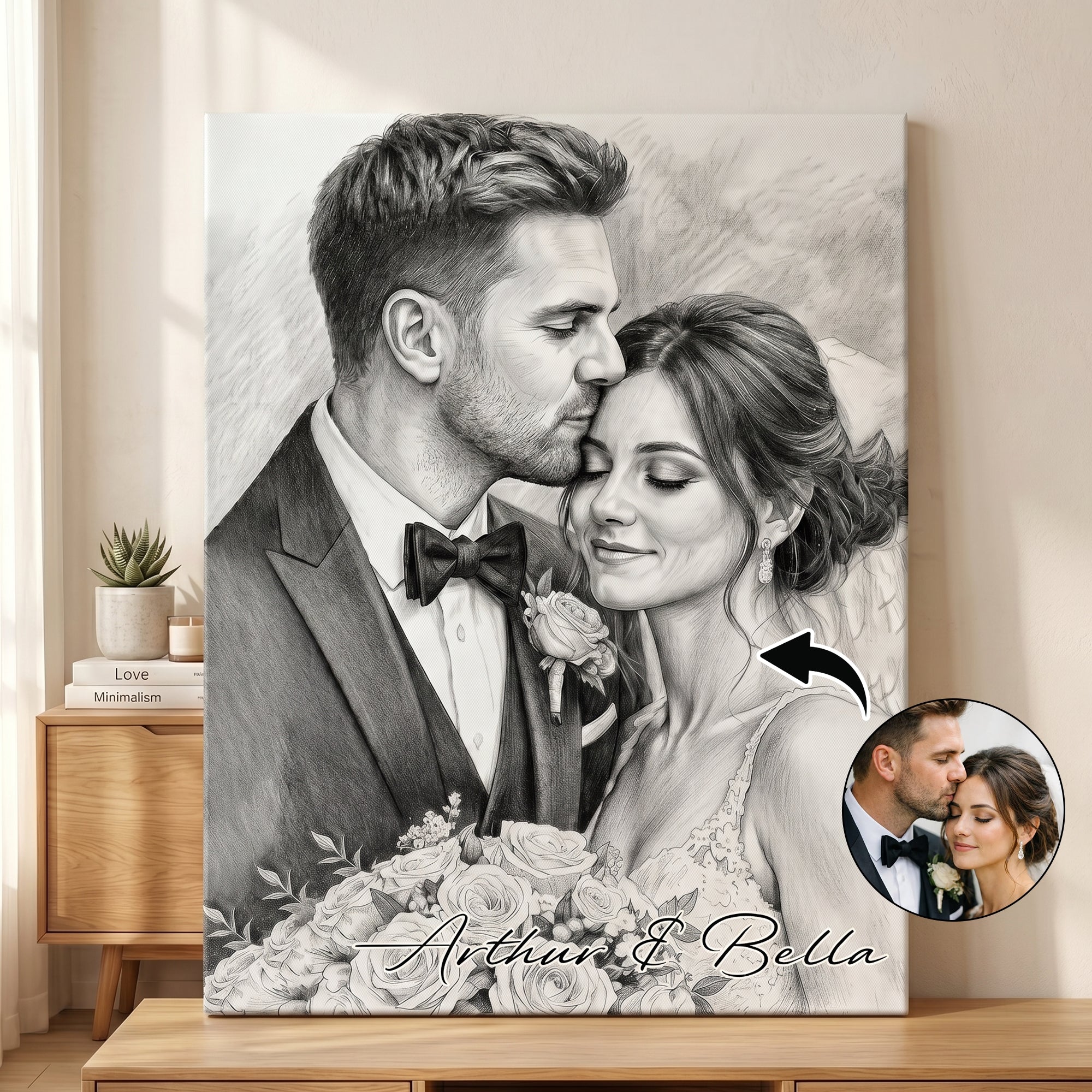Personalizado Sketch Estilo Blanco y Negro Minimalista Lienzo Impresiones Aniversario de boda Regalo de inauguración de la casa para pareja
