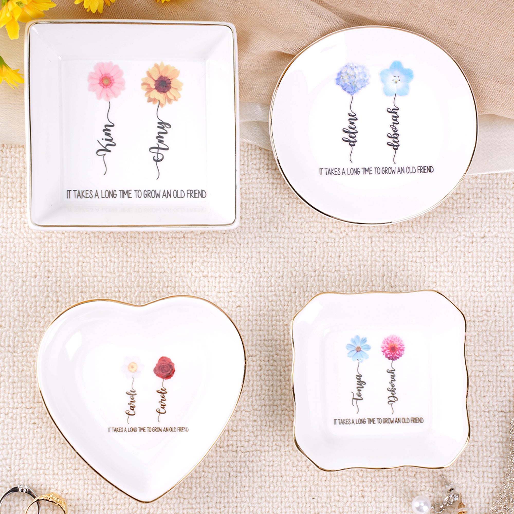 Personalizada Nacimiento Flor Amistad Plato de Cerámica Anillo Joyería Bandeja con Nombre y Texto Cumpleaños Boda Regalo para Mejores Amigas Damas de Honor