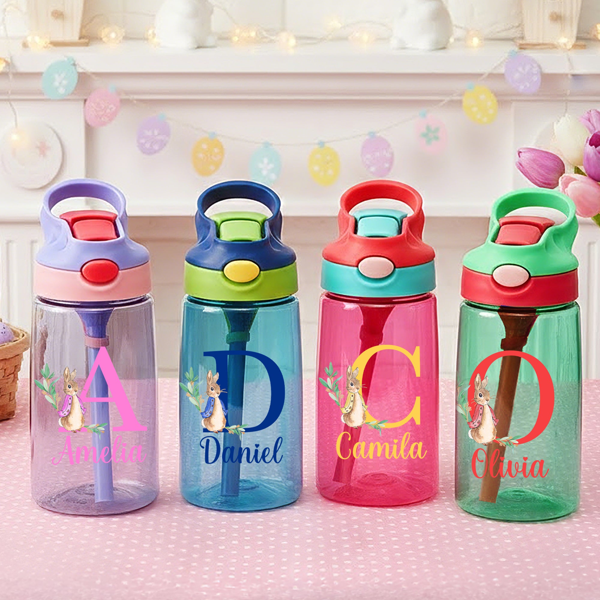 Botella de agua con nombre y pajita de silicona personalizada con las iniciales de Peter Rabbit Regalo de Pascua para cumpleaños de niños al aire libre