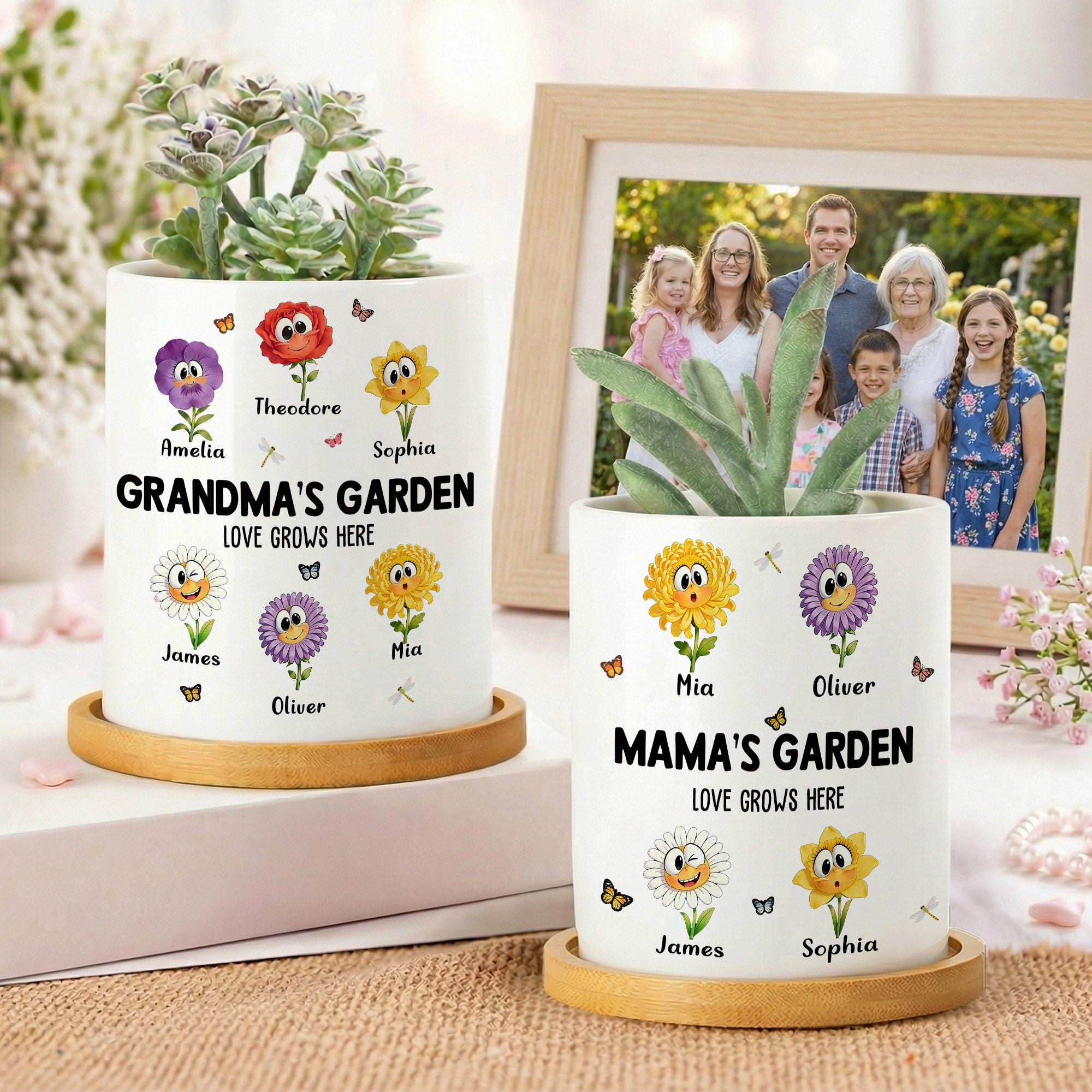 Maceta de Cerámica Personalizada de Caricatura de Flor de Nacimiento Mariposa con Texto de Nombres y Bandeja de Bambú Uso Diario Regalo del Día de la Madre para Mamá Abuela