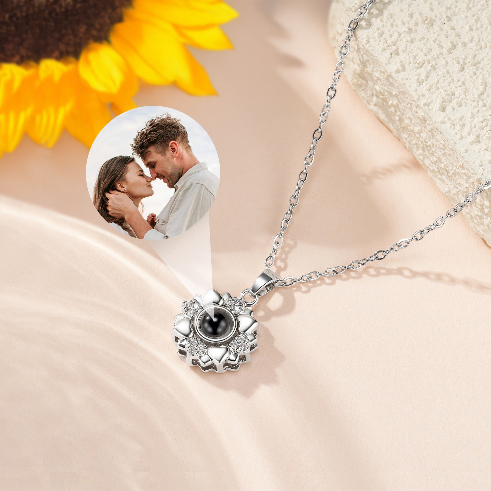 Collar personalizado de girasol con proyección de foto y te amo en 100 idiomas joyería fina regalo de cumpleaños y aniversario para mujer