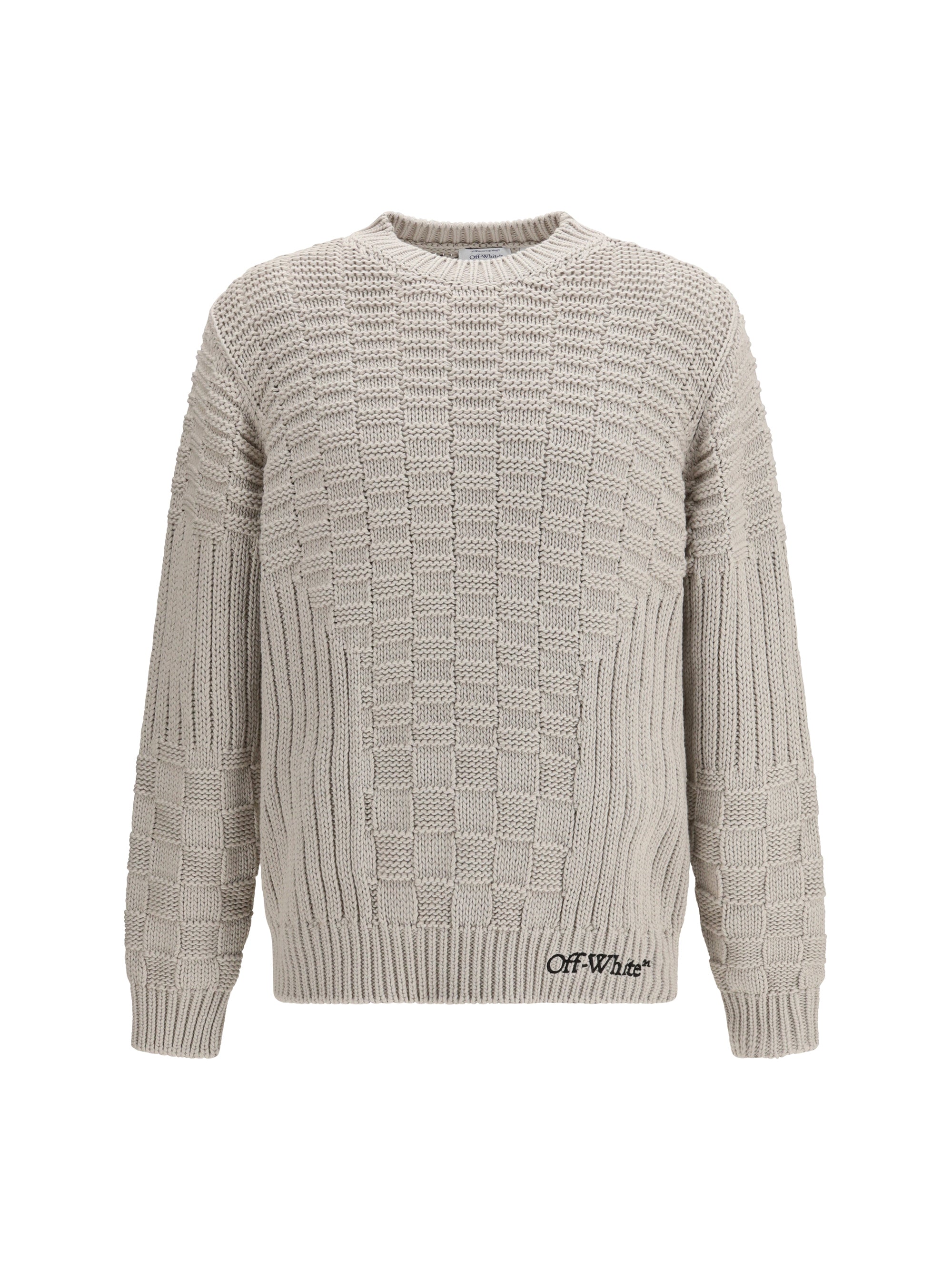 Off-White Intarsia Knit Crew Neck Sweater — Gray