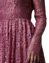 Women's Pink Floral Lace Long Sleeve Midi Dress