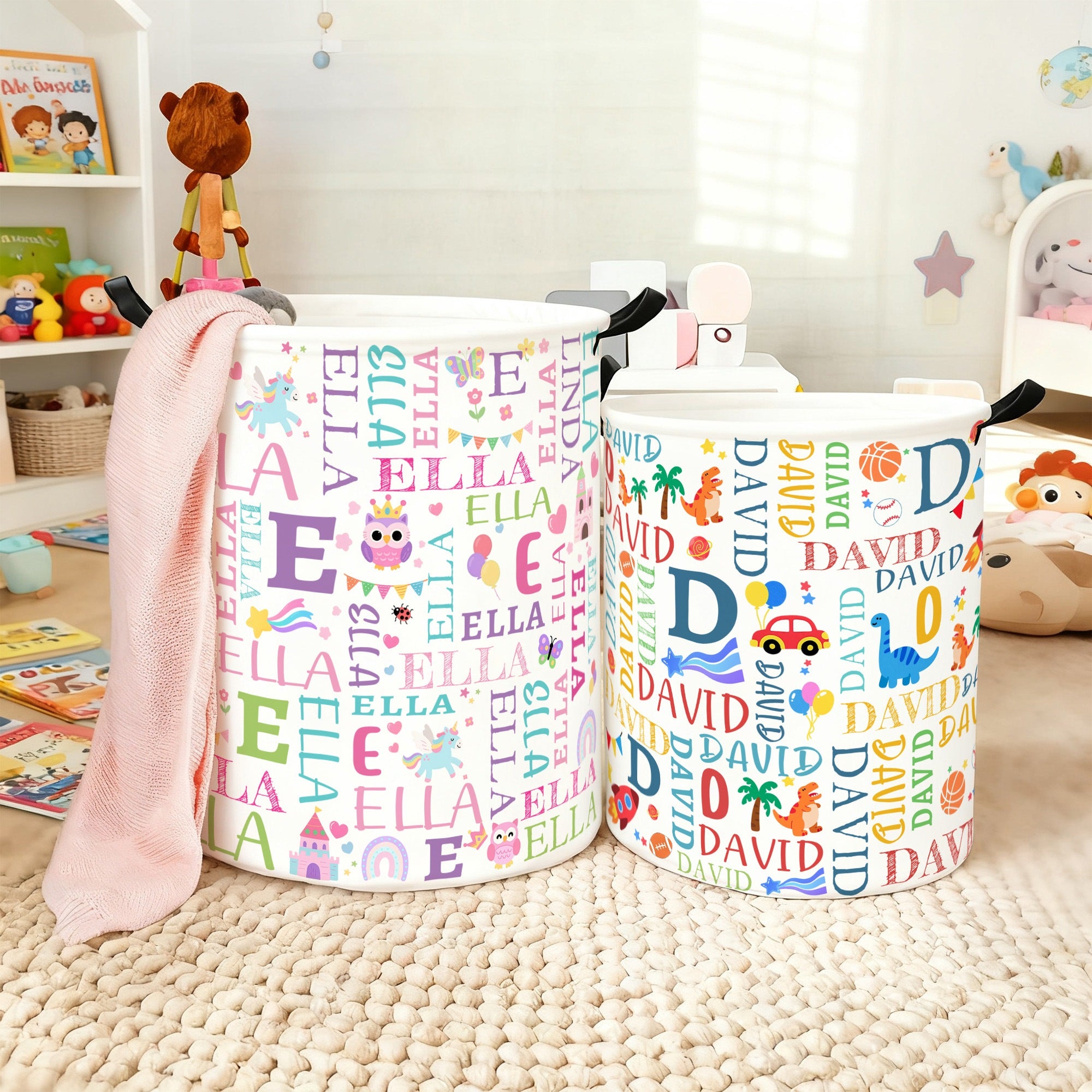 Cesto de la Ropa Personalizado Fantasía Unicornio Dinosaurio Nube de Palabras Cesto de la Ropa Grande Impermeable con Nombre e Inicial Regalo de Cumpleaños de Navidad para Niños Niñas