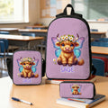 Personalizado Multicolor Highland Vaca Nacimiento Flor Mochila Bolsa de almuerzo Estuche con nombre de vuelta a la escuela Regalo de cumpleaños para el estudiante