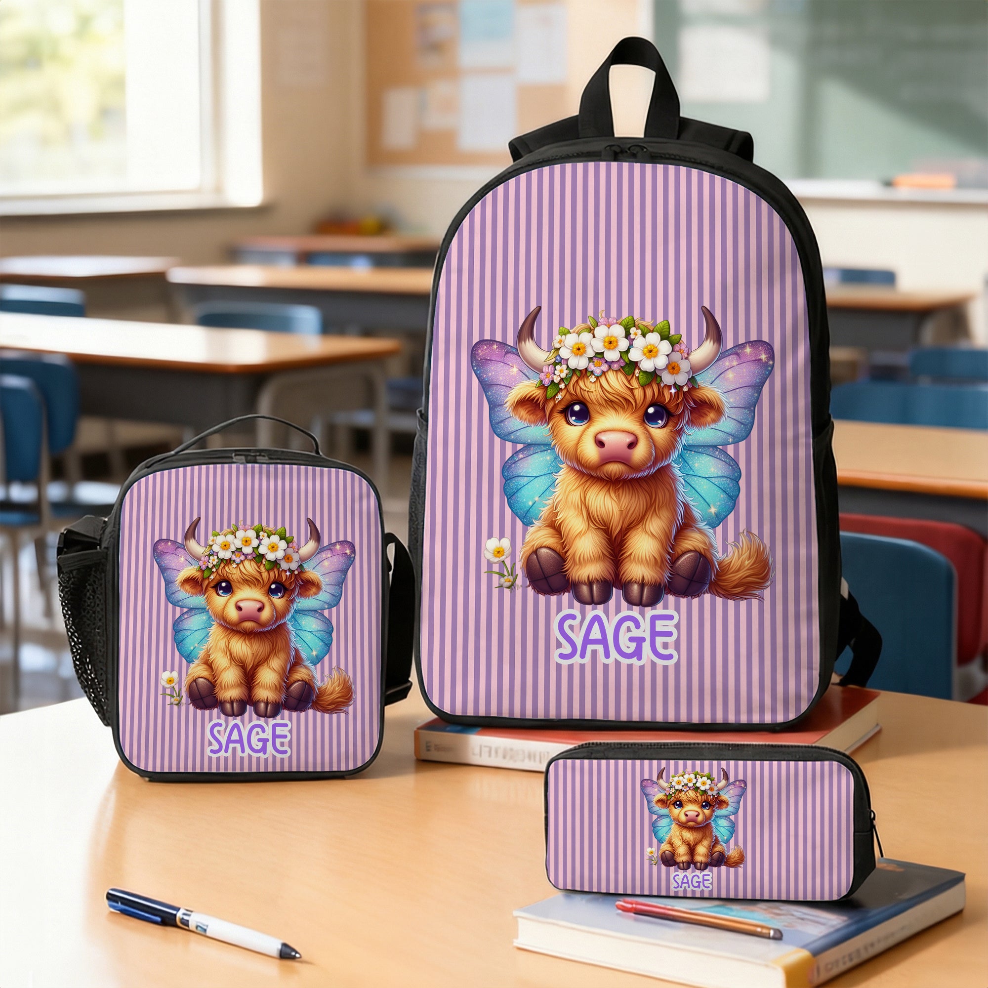 Personalizado Multicolor Highland Vaca Nacimiento Flor Mochila Bolsa de almuerzo Estuche con nombre de vuelta a la escuela Regalo de cumpleaños para el estudiante