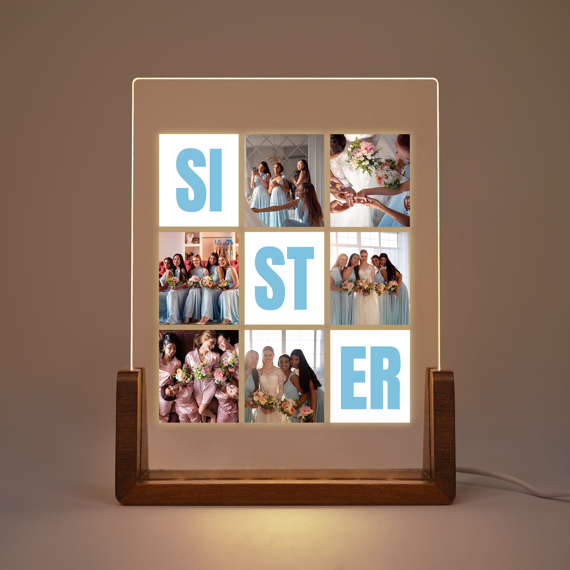 Luz nocturna LED acrílica personalizada con base de madera y 6 fotos Cumpleaños Aniversario Regalo para la familia Amigos