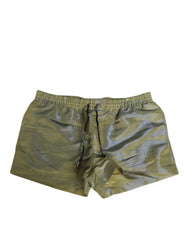 Green Polyester Metallic Logo Print Men Swimwear Clothing