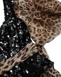 Women's Leopard Print Silk Sequin Ruffle Maxi Dress Brown Nylon