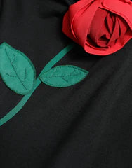 Women's Black Wool Sleeveless Rose Applique Dress