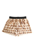 Men's Brown Ancient Coin Print Silk Shorts Swimwear Beige