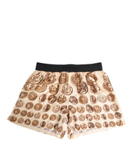 Men's Brown Ancient Coin Print Silk Shorts Swimwear Beige