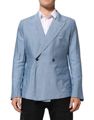 Light Blue Linen Double Breasted Men Jacket Blazer Nylon Clothing