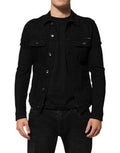 Men's Black Cotton Denim Stretch Button Up Jacket Elastane Clothing
