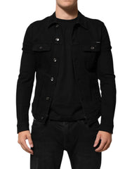 Men's Black Cotton Denim Stretch Button Up Jacket Elastane Clothing