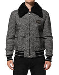 Men's Gray Wool Herringbone Shearling Collar Bomber Jacket Black And Clothing